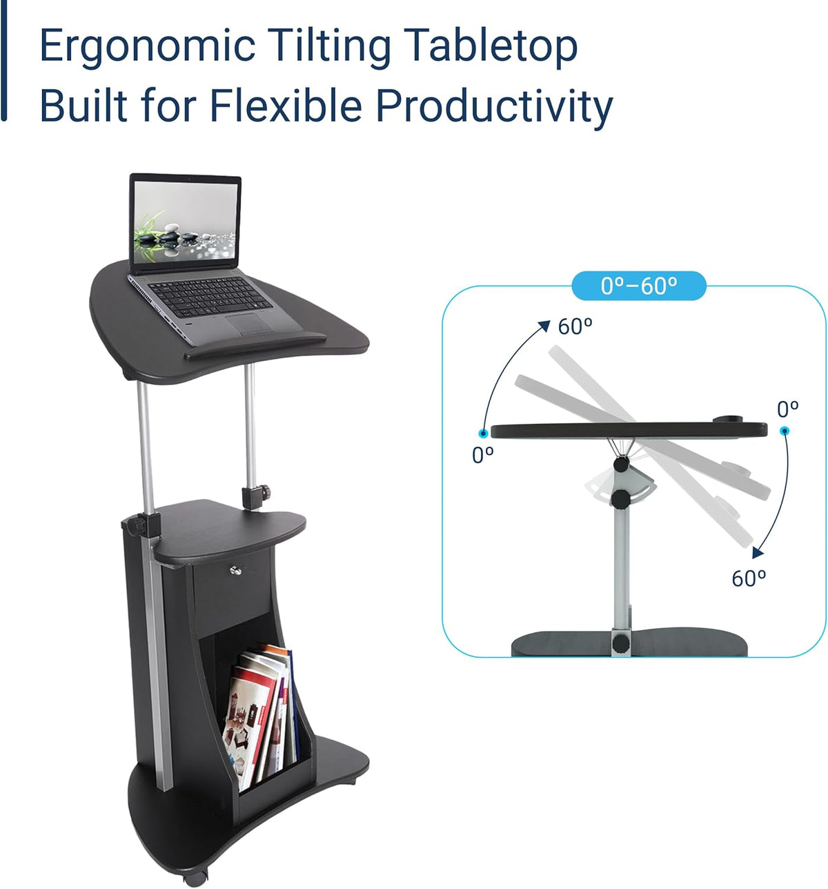 Techni Mobili Adjustable Height Rolling Laptop Cart with Storage, Black