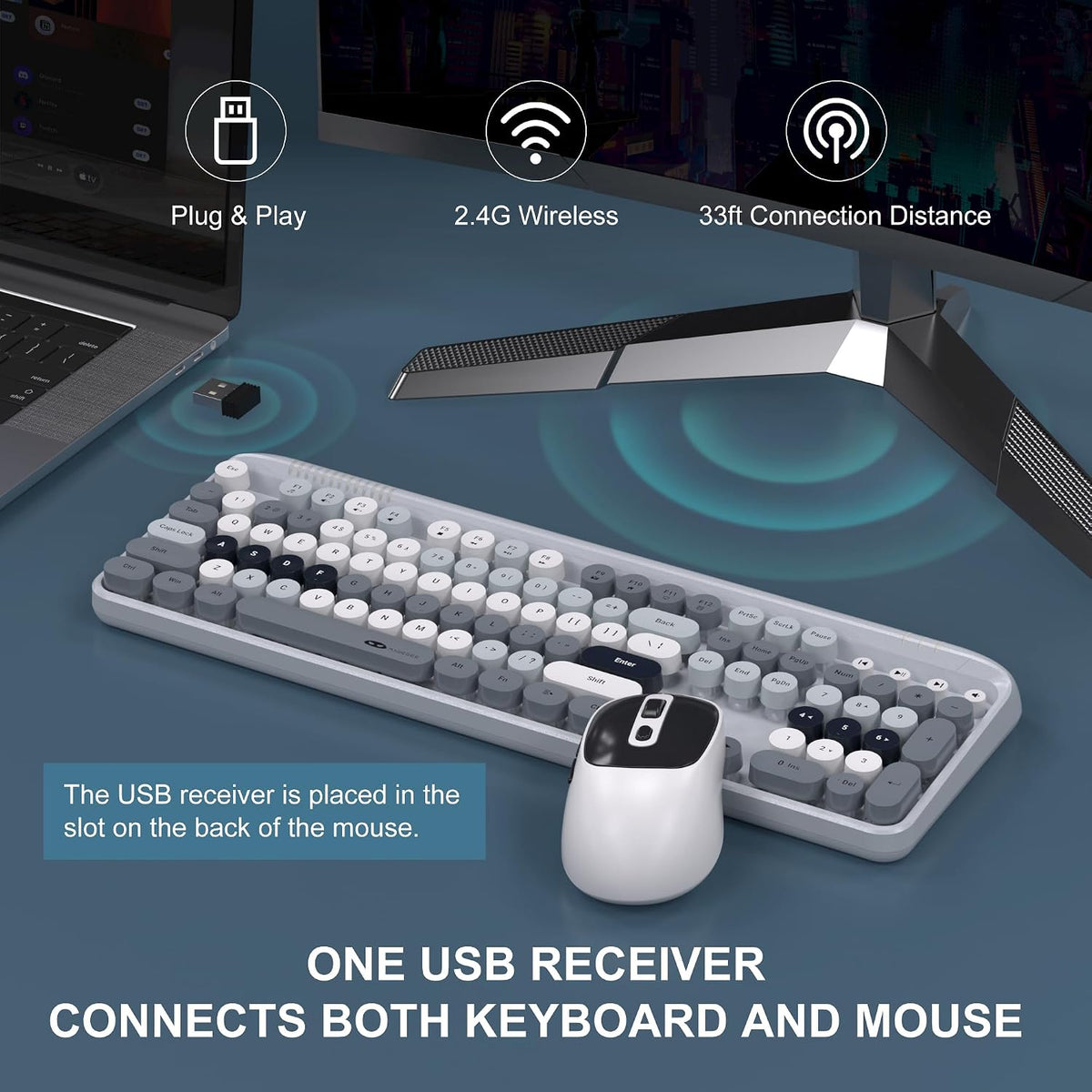 MageGee V920 Wireless Keyboard and Mouse Combo, 2.4G Full-Sized Retro Typewriter Keyboard with Round Keycaps & Auto-Sleep Mode, Cute Computer Keyboard and Cordless Optical Mouse for Laptop/PC (Gray)