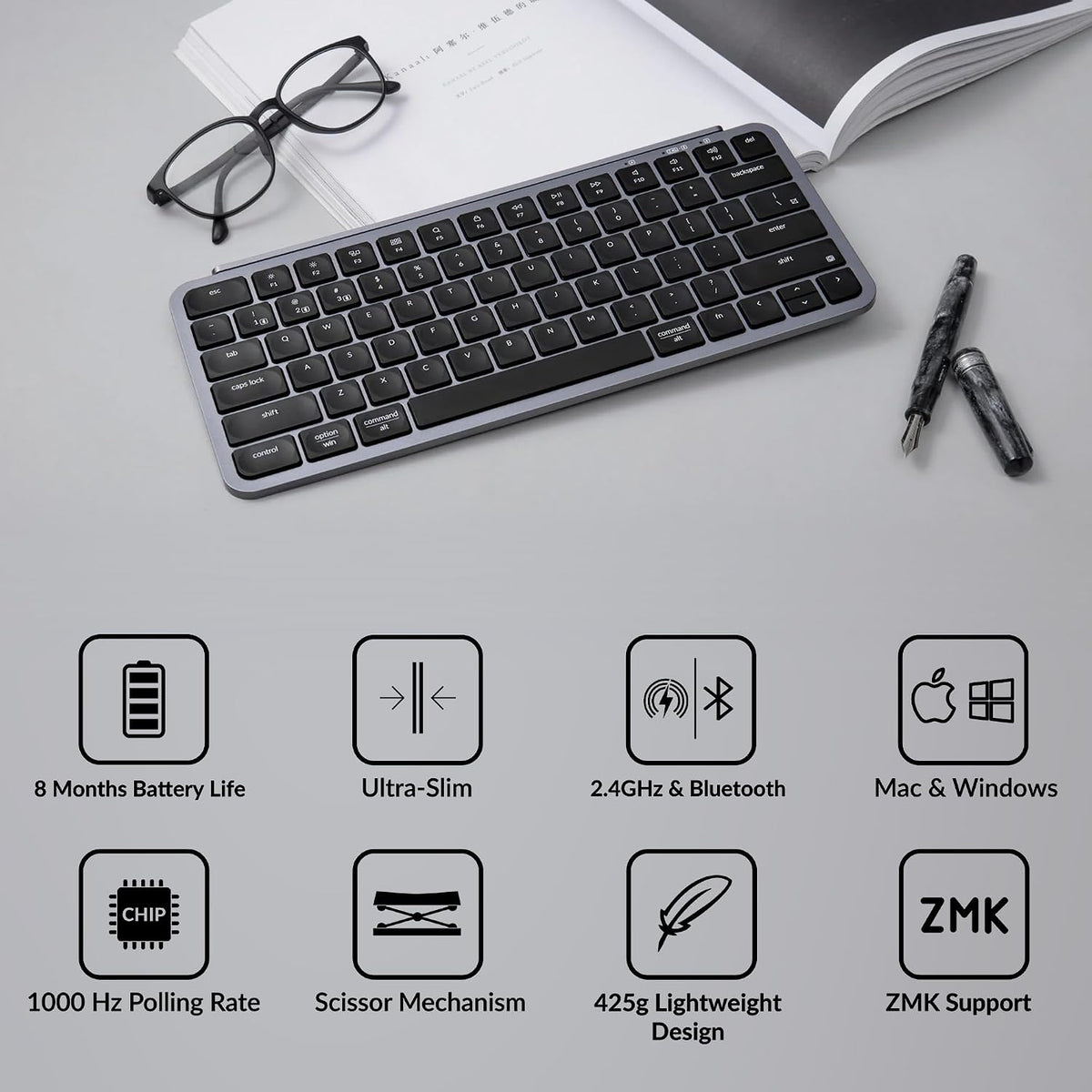 Keychron B1 Pro Ultra-Slim Wireless Keyboard, ZMK/Launcher Programmable Bluetooth/2.4GHz/Wired, 1200 Hours Battery Life, Silent Scissor Switch Office Keyboard for Mac/Windows/Linux - Gray