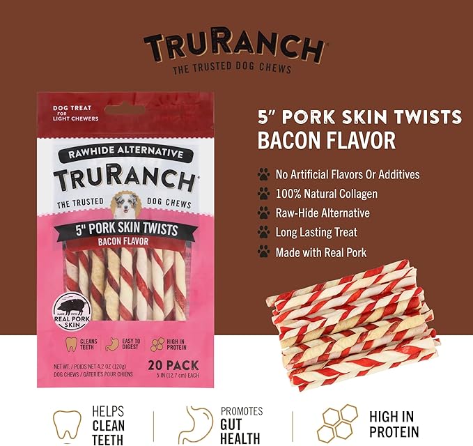 TRURANCH 5" Pork Skin Twists - Collagen Chews for Dogs - Bacon Flavor - Made with Real Pork Skin - Rawhide Alternative - Limited Ingredient - Easy to Digest Treat, 1 Bag, 9 Count