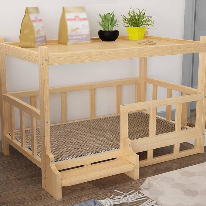 XPLKQXE Dog Bed Wood Platform, Elevated Pet Cushion Bed, Animal Couch with Mattress, Dog Beds & Furniture Rest Cot, Portable Fence Bed Pet Up to 45kg/100lbs(Color:Woody,Size:90x55x70cm)