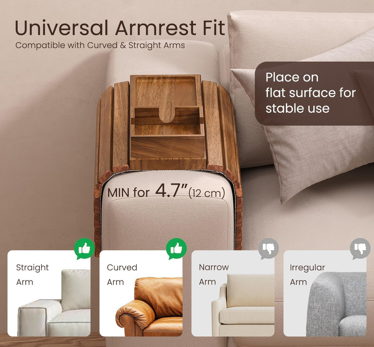 Fibogollo Acacia Wood Foldable Sofa Arm Tray with Square Cup Holder 2PC
