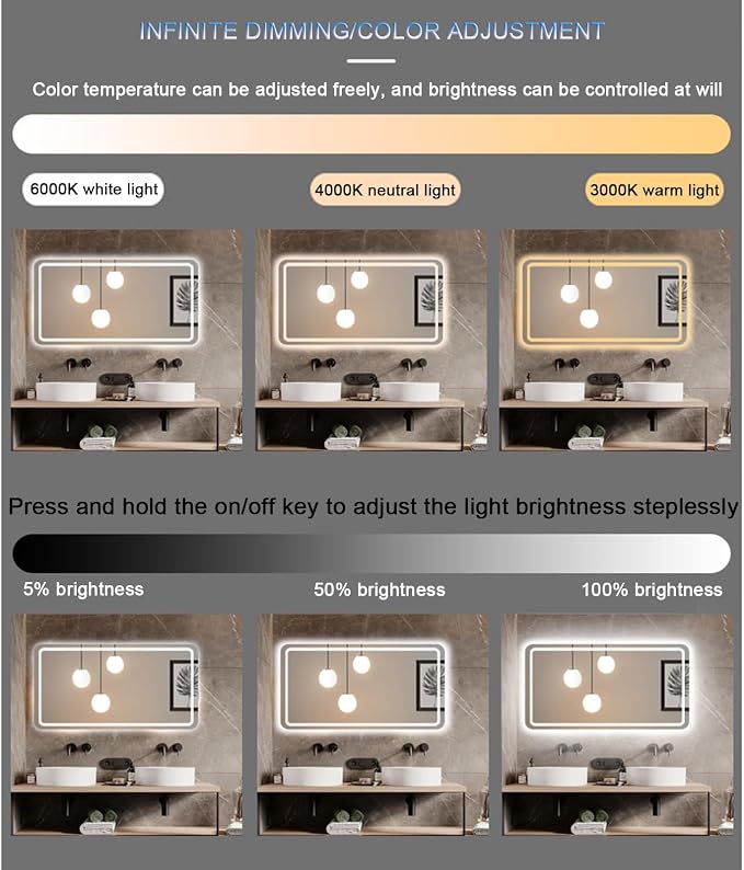 Smart Lighted Bathroom Mirror for Wall，Illuminated LED Bathroom Mirror，Lighted