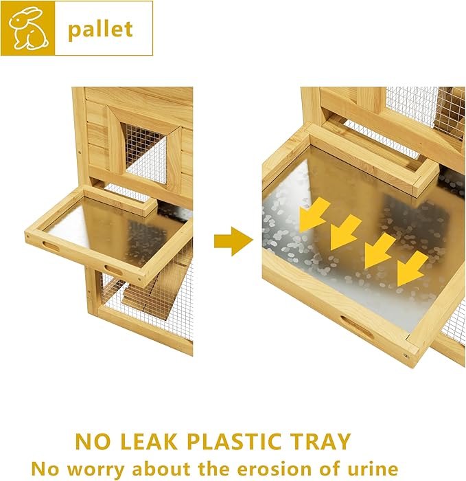 Outdoor Bunny Cage 2-Tier Rabbit Hutch & Chicken Coop with Wire Run, Wooden Poultry House with Pull-Out Tray, Waterproof Rabbit Hutch for Outside (Yellow)