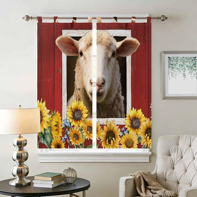 Sheep Sunflower Living Room Curtains 84 Inch Length, Window Curtains Tab Top