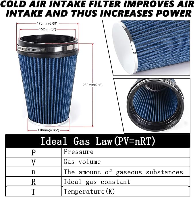 6" Inlet Cold Air Intake Filter Cone Replacement Performance Washable Clamp-On