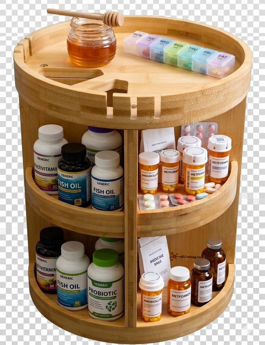 Bamboo Rotating Makeup Organizer with Adjustable Shelves - Round, Multipurpose Storage 360° Carousel for Vanity, Bathroom, Kitchen Countertop, Bedroom, Desk