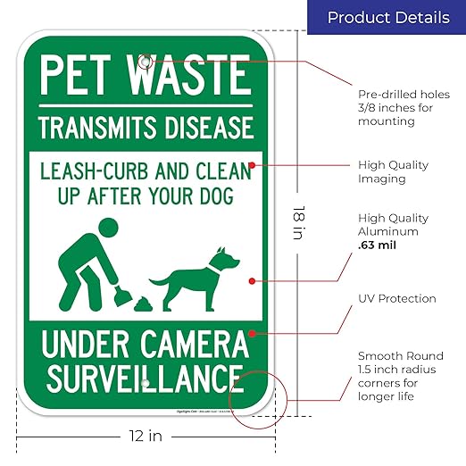 Pet Waste Leash-Curb and Clean Up After Your Dog Under Camera Surveillance Sign, 12x18 Inches, Rust Free .063 Aluminum, Fade Resistant, Made in USA