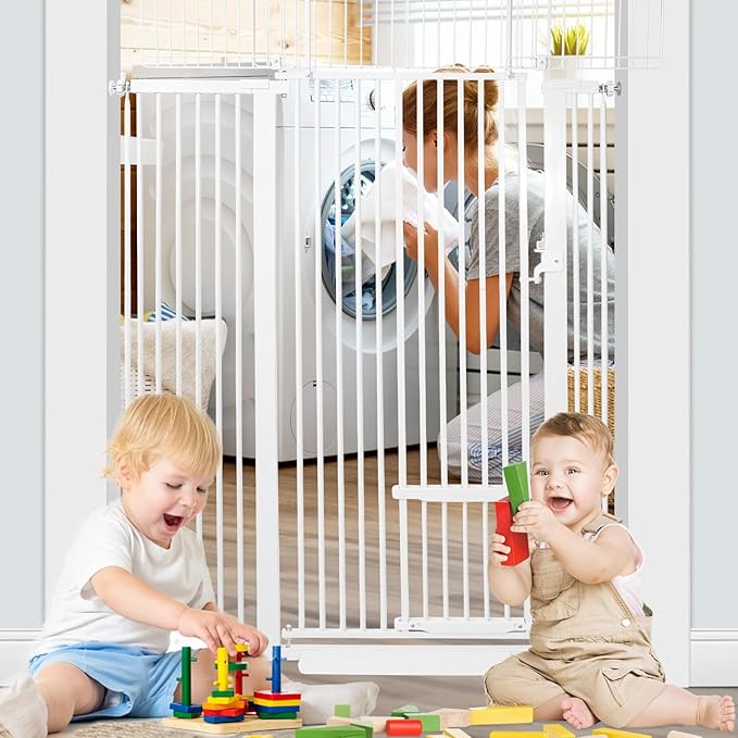 71 Inch Extra Tall Pet Gate with Small Cat Door, 29.55"-46.06" Adjustable Wide Dog Gate, Tall Cats Gates for Doorway, Stairs, House(White)