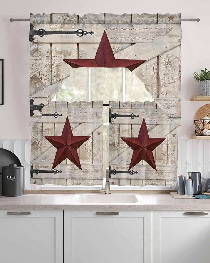 Village Stars Swag Kitchen Curtains Valance and Tier Set, Vintage Dark Red Star