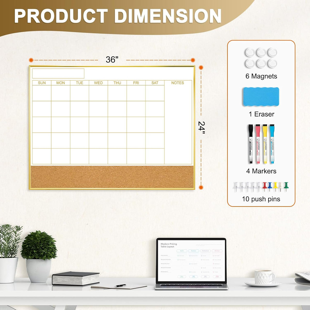 Dry Erase Calendar Whiteboard, 36"x24" Monthly White Board with Cork Board