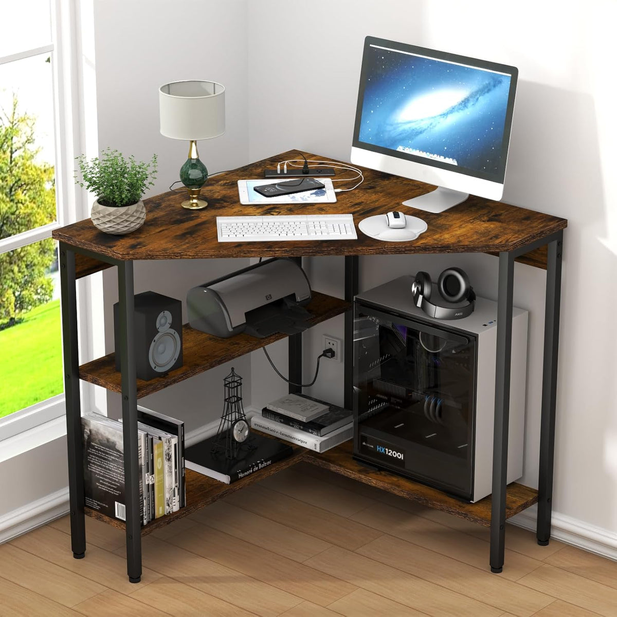 Triangle Corner Desk with Power Outlets, Storage Shelves for Small Space