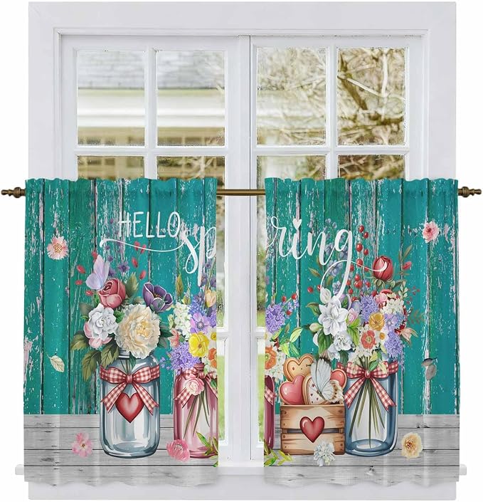 Spring Flowers Kitchen Curtains, Farmhouse Watercolor Teal Wood Grain Light