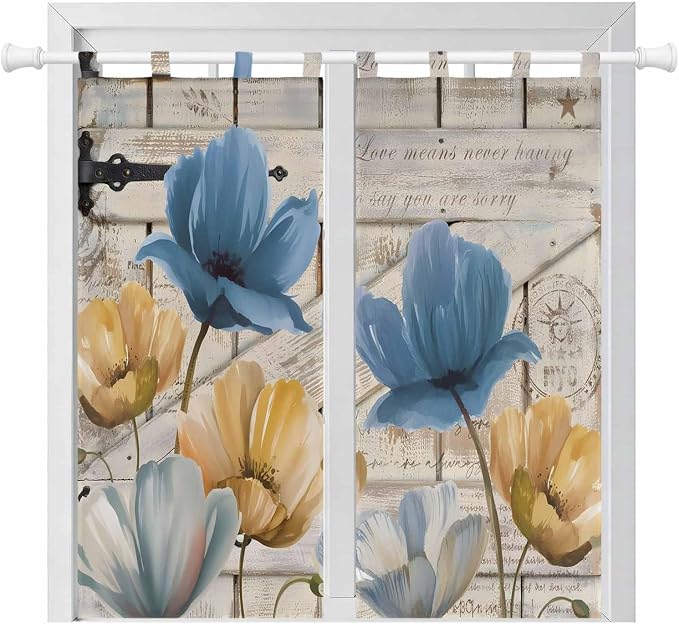 Blue Yellow Tulips Bathroom Curtains 63 Inch Length, Window Curtains Tab Top