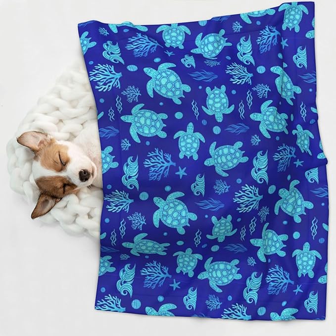 Reversible Plush Throw for Dogs and Cats, Watercolor Blue Sea Turtle, Double Sided Blanket with Nubby Dot Side and Sleek Side Ideal for Cuddling Nesting Security