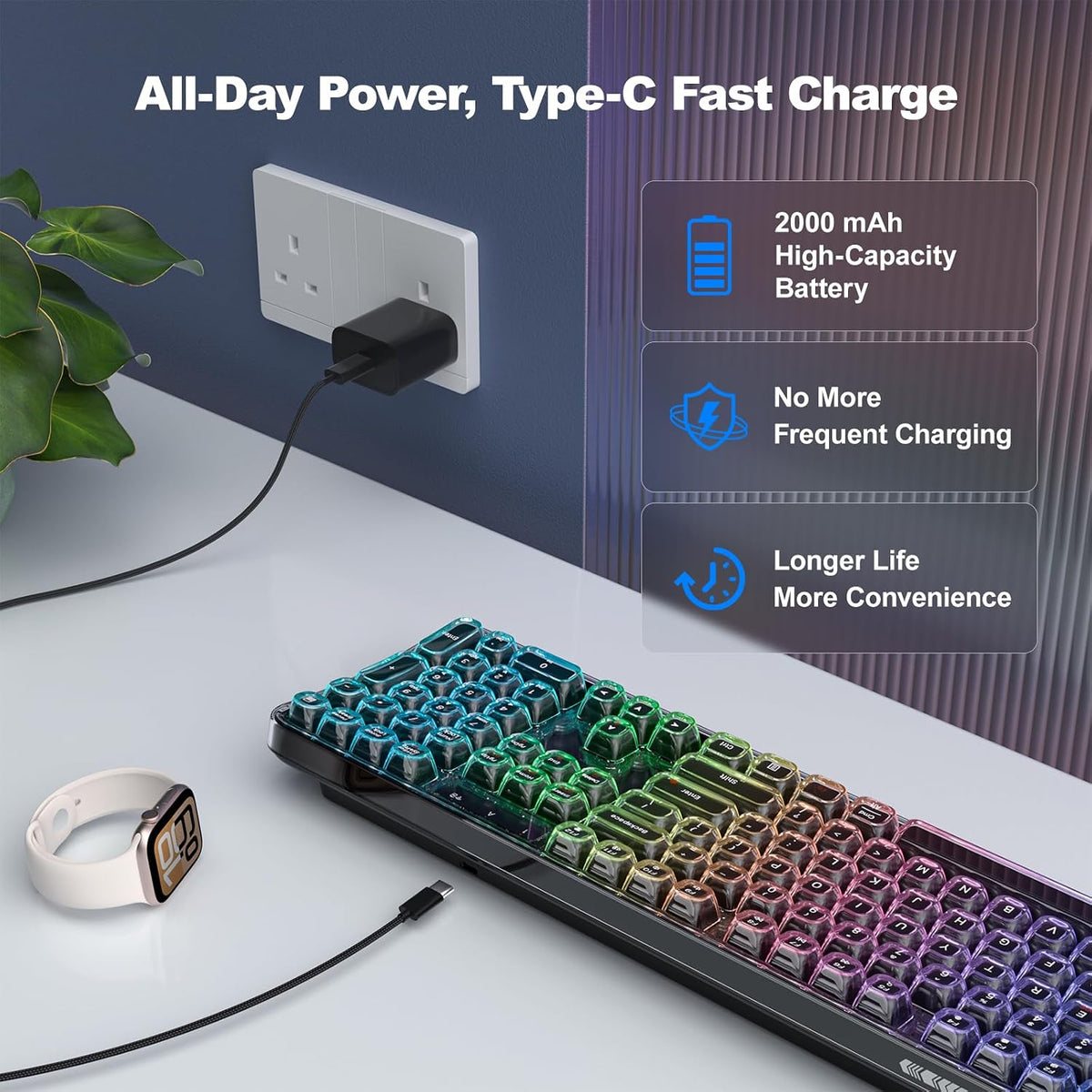 MOFII Tri-Mode Wireless Keyboard, Transparent Full-Size with RGB Backlit, Bluetooth 5.0/2.4G USB/Wired Gaming Keyboard for Windows Mac PC Laptop, Black – Office & Gamers