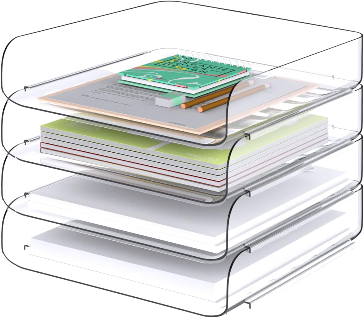 Tomorotec 4 Pack Clear Stackable Letter Tray, A4 Desk File Organizer Set