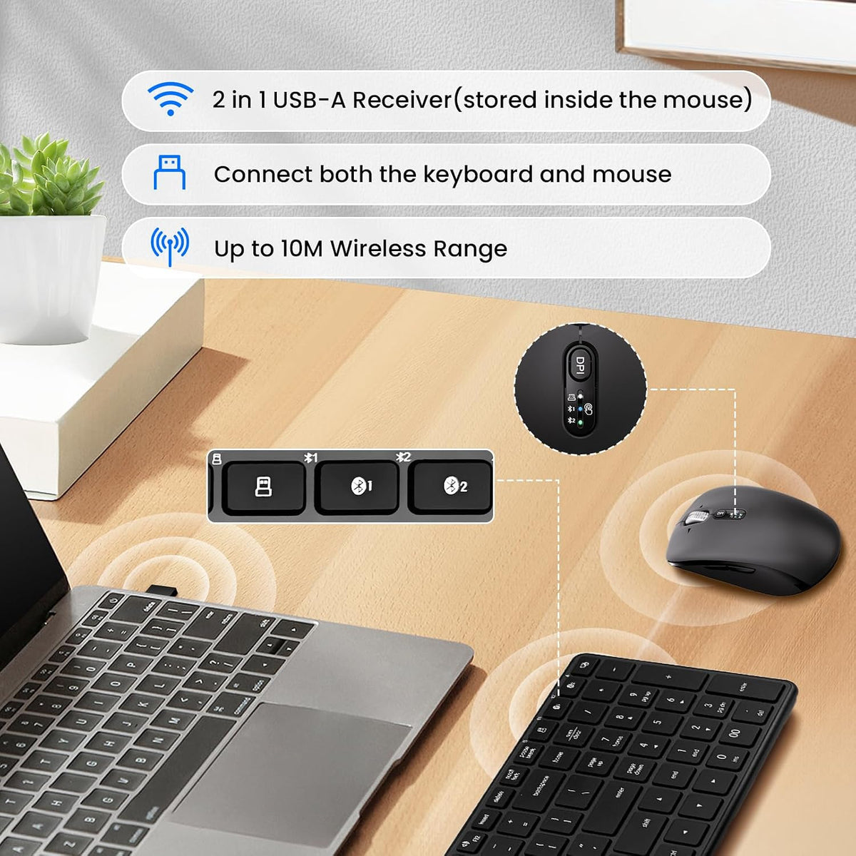 Wireless Bluetooth Keyboard and Mouse Combo (USB + Dual BT)