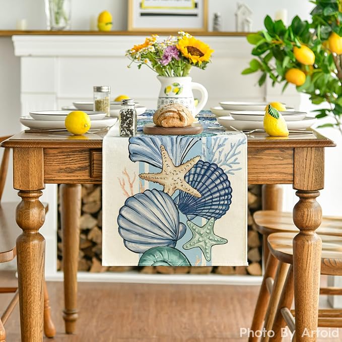 Artoid Mode Sea Shell Starfish Summer Table Runner, Spring Ocean Kitchen Dining