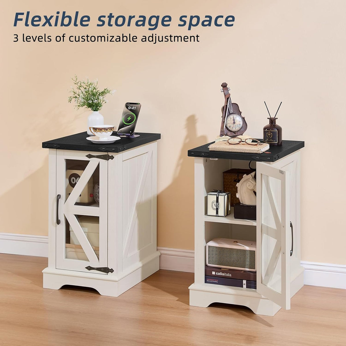 Joaxswe Narrow Night Stand with Charger Station, Glass Barn Door