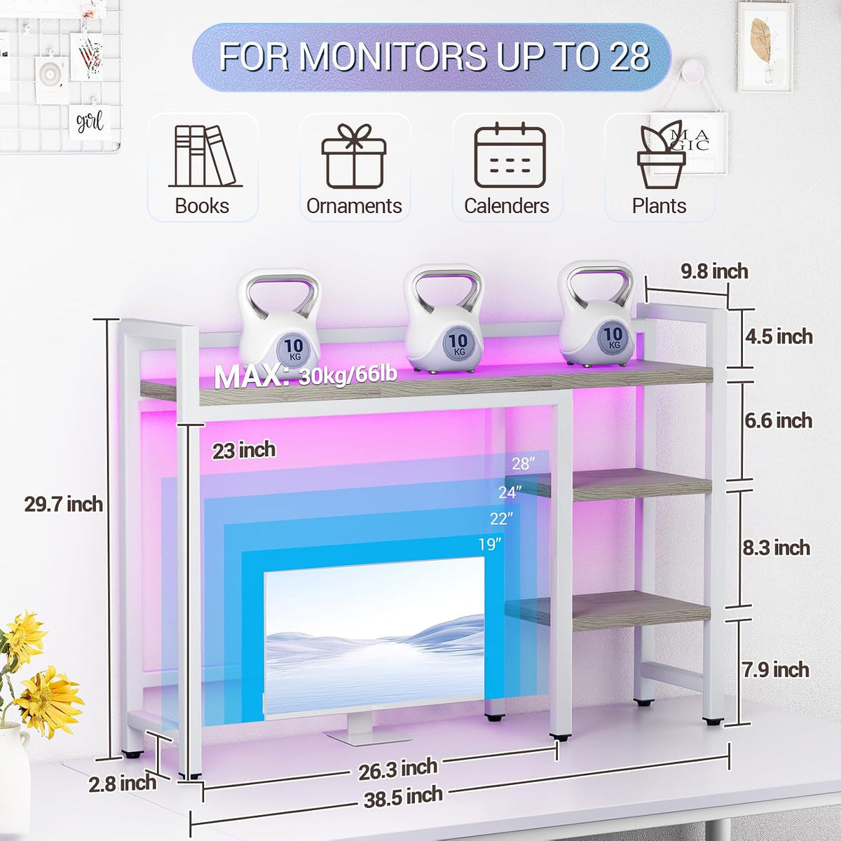 Desk Hutch with Colorful RGB Lights, 4 Tier Desktop Shelf for Max 28" Computer Monitor, Desk Organizer Shelf for Tidy Storage Display, Desktop Bookshelf for Home, Office, Dorm, Gaming Table, Kitchen