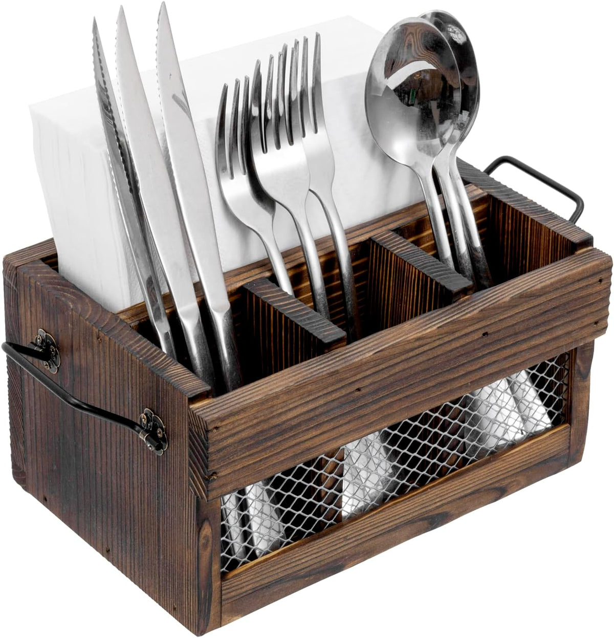 MyGift Rustic Brown Wood Utensil & Napkin Caddy with Black Metal Handles