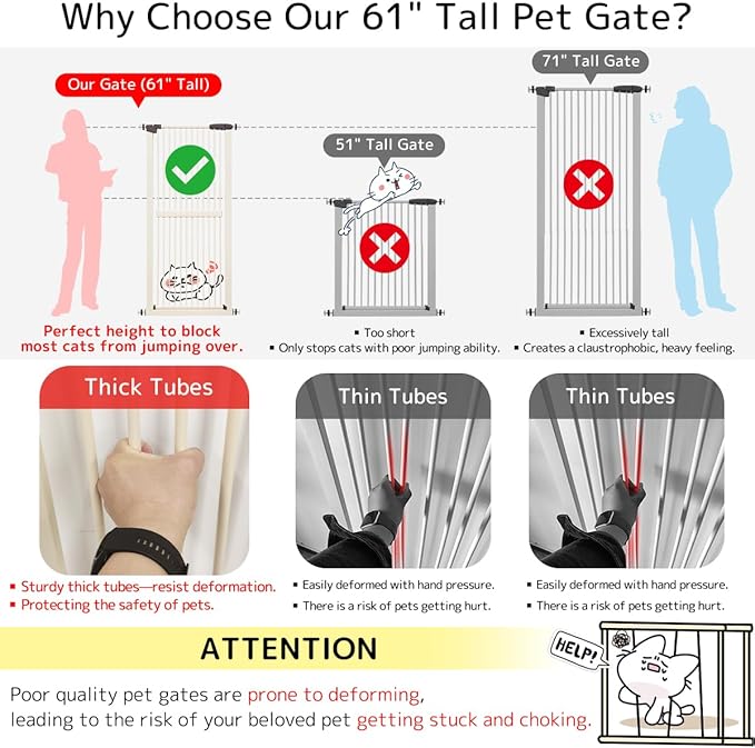 Lumizone Extra Tall Cat Gate 61.02" High Pressure Mounted Extra Wide 46.65"-50.78" (17Sizes) 1.37" Gap No Drilling Auto-Close Tall Pet Gate for Dogs (Cream, 46.65"-50.78" W)