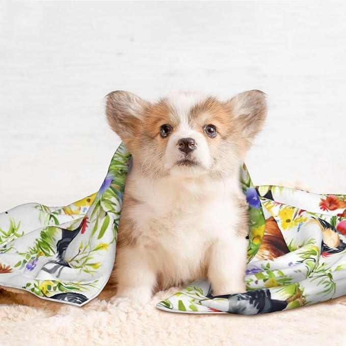 Pet Blanket for Travel and Home, Rooster Chicken Watercolor Flowers, Reversible Plush Dot Design with Soft Grip Texture on One Side Perfect for Car Seats Moving Vehicles