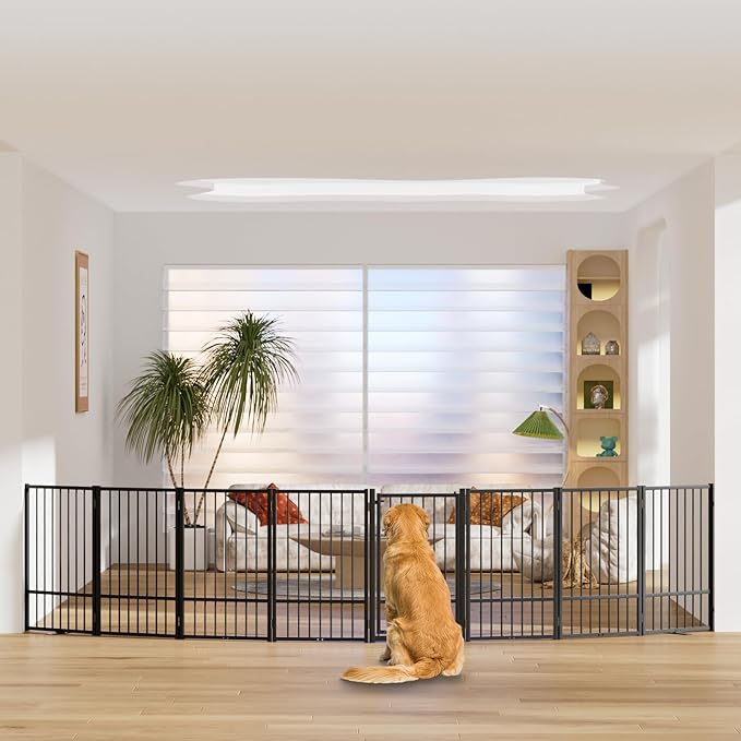 Full Metal Freestanding Dog Gate with Door, 32''Height Foldable Pet Dog Fence for Indoor & Outdoor, 8 Panels Extra Wide Free Standing TallDog Gates for Doorways,House,Stairs,Porch,Deck,Yard