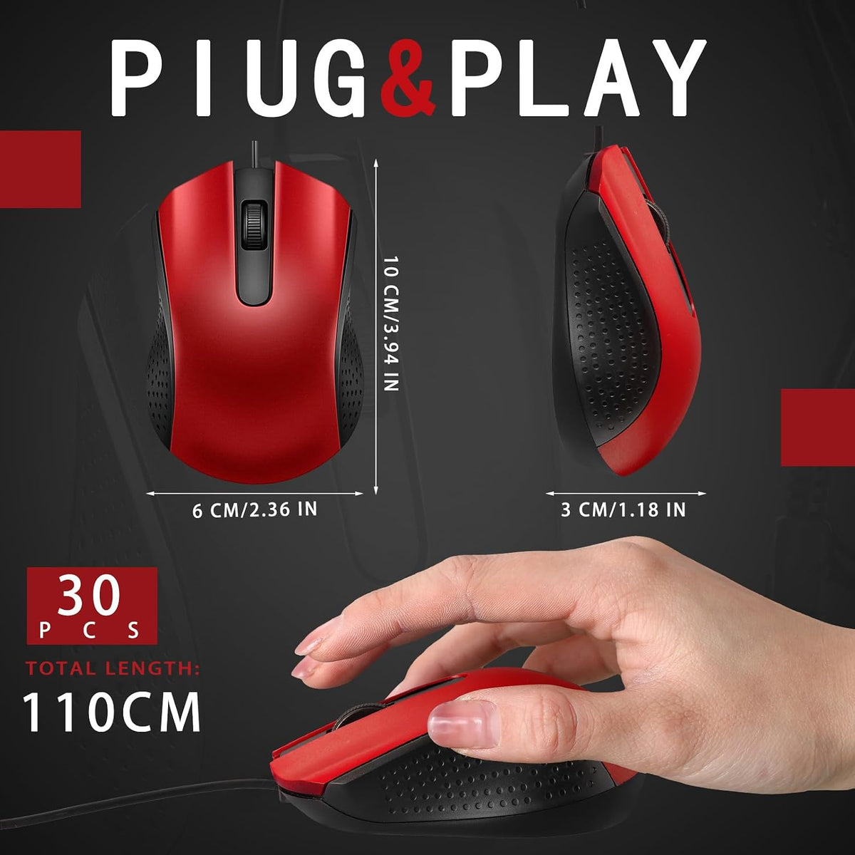 Bonuci 30 Pack Computer USB Wired Mouse Bulk 3 Button 800/1200 DPI Red