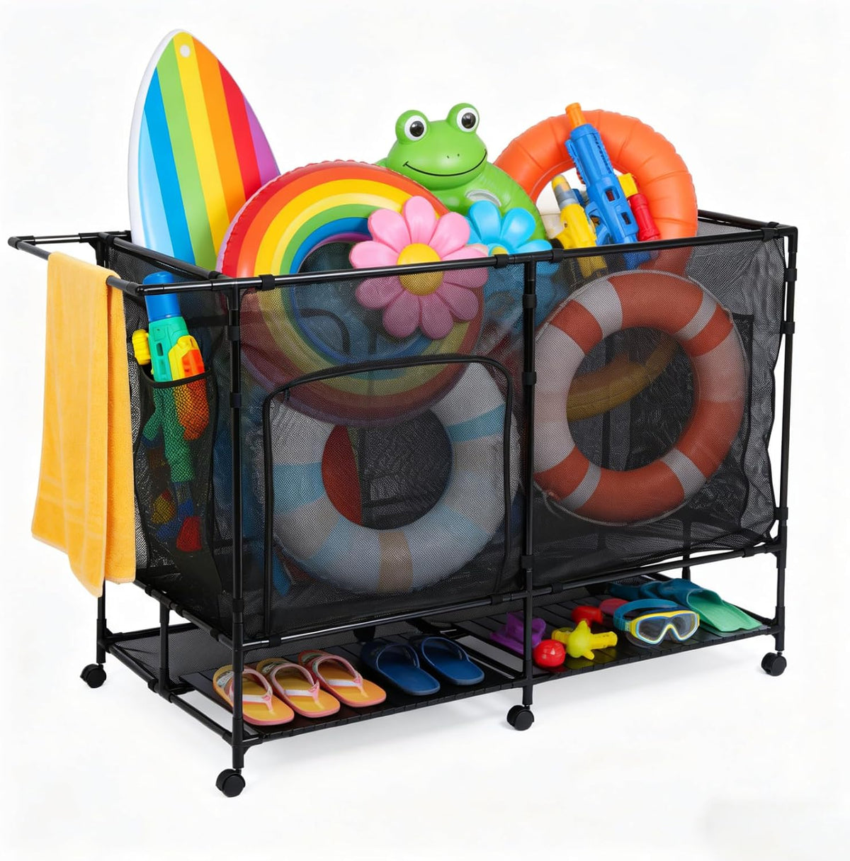 pool float organizer,Bottom Table, Zipper Doors & Rolling Wheels, Portable Easy Assembly,Storage for swim ring, water ball and water gun for Indoor Outdoor Pool Backyard Storage(L)
