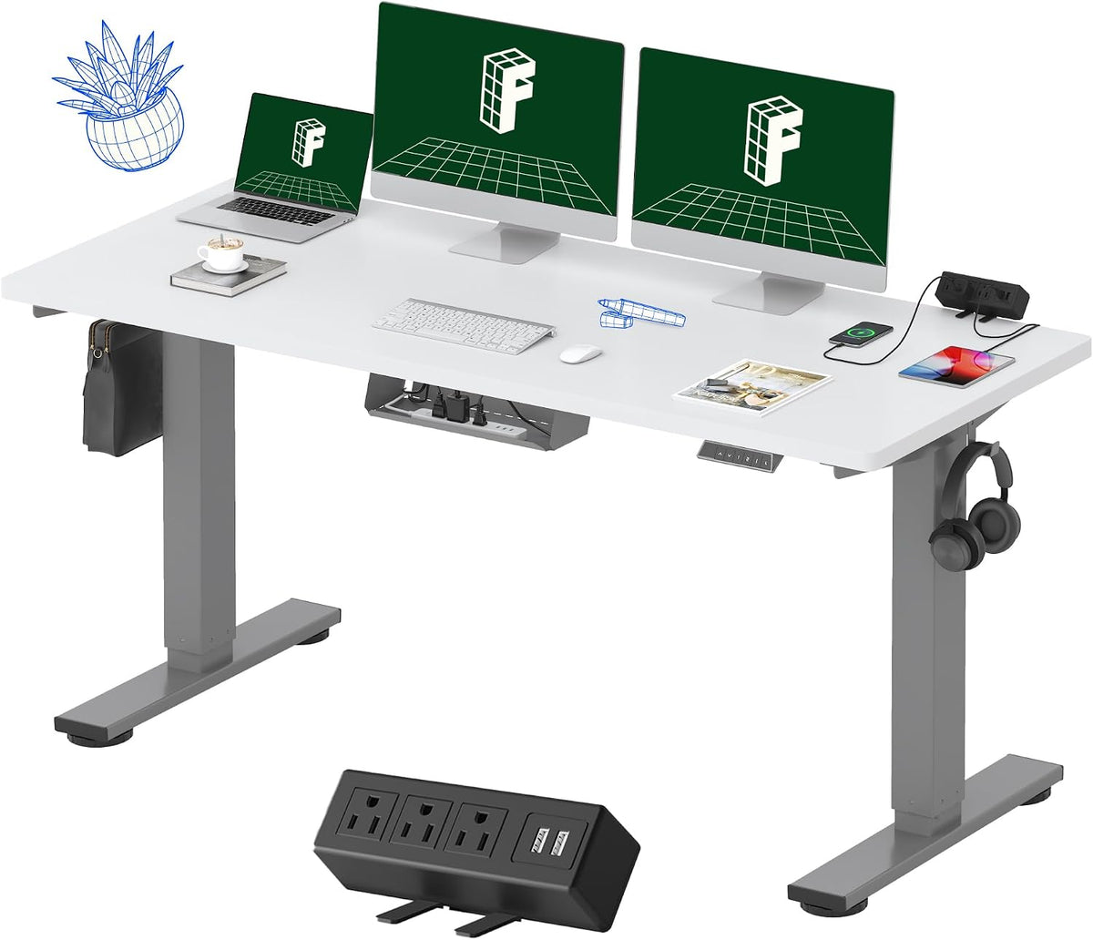 FLEXISPOT EN2 60"x24" Standing Desk with Power Strip Bundle, White