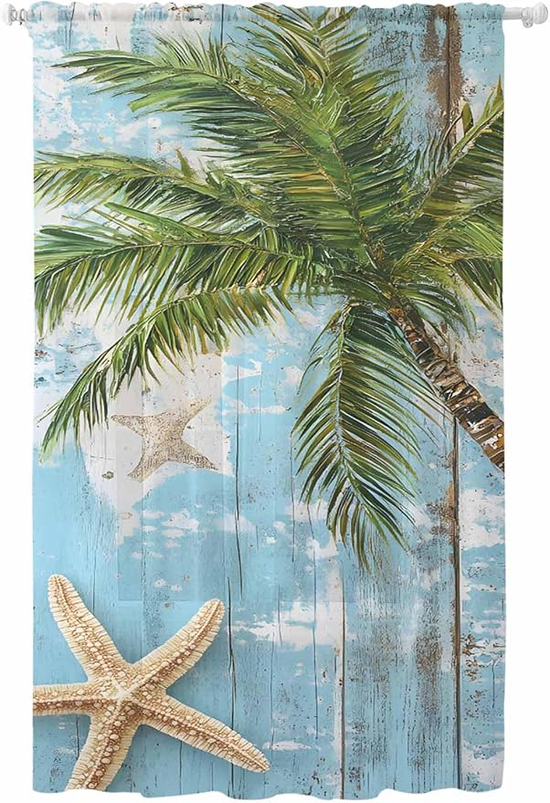 Sheer Curtains 84 Inches Long, Coastal Beach Blue Semi Sheer Curtains Light