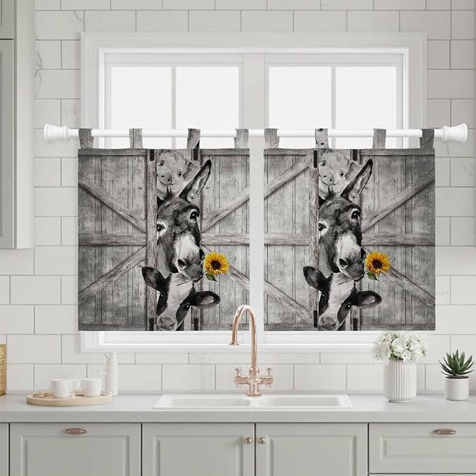 Funny Farm Animals Kitchen Curtains 36 Inch Length, Small Window Curtains Tab