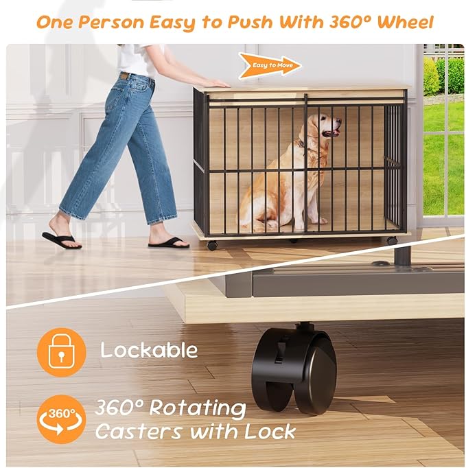 43.3" Dog Crate Furniture, Dog Kennel Indoor with Wheels for Large Medium Small Dogs, Wooden Dog Crate End Table with Sliding Door, Wooden Dog Kennel Furniture for Living Room, Bedroom