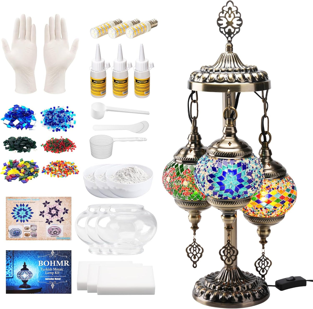 DIY Turkish Mosaic Lamp Kit, 3 Globe Table Lamp Making Kit, Colorful