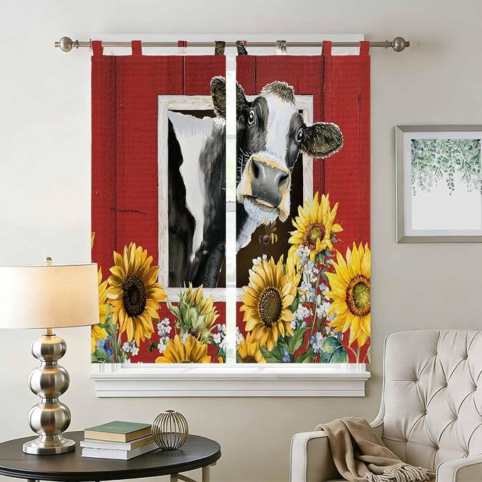 Cows Sunflowers Bedroom Curtains 72 Inch Length, Window Curtains Tab Top