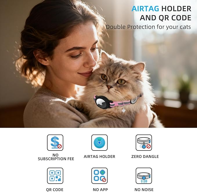 Airtag Cat Collar Breakaway with QR Code Name Tag, Reflective cat Collar airtag Holder with Bell, Cat ID Tag Personalized, Ultra-Durable, Adjustable, Quick Release, Fits Small Large Cats, Pink