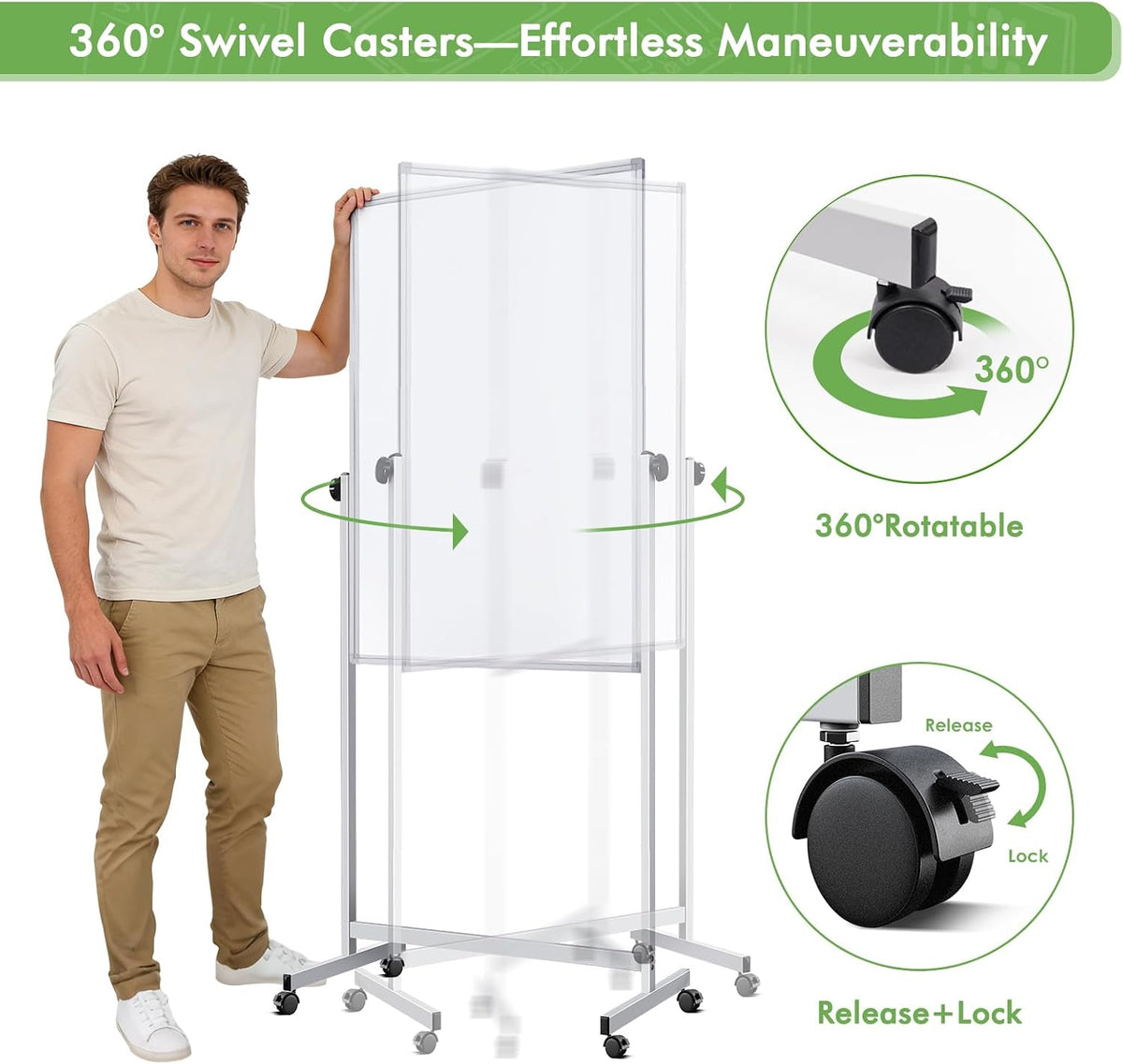 Rolling Whiteboard on Wheels 48" x 32" Aluminum Frame