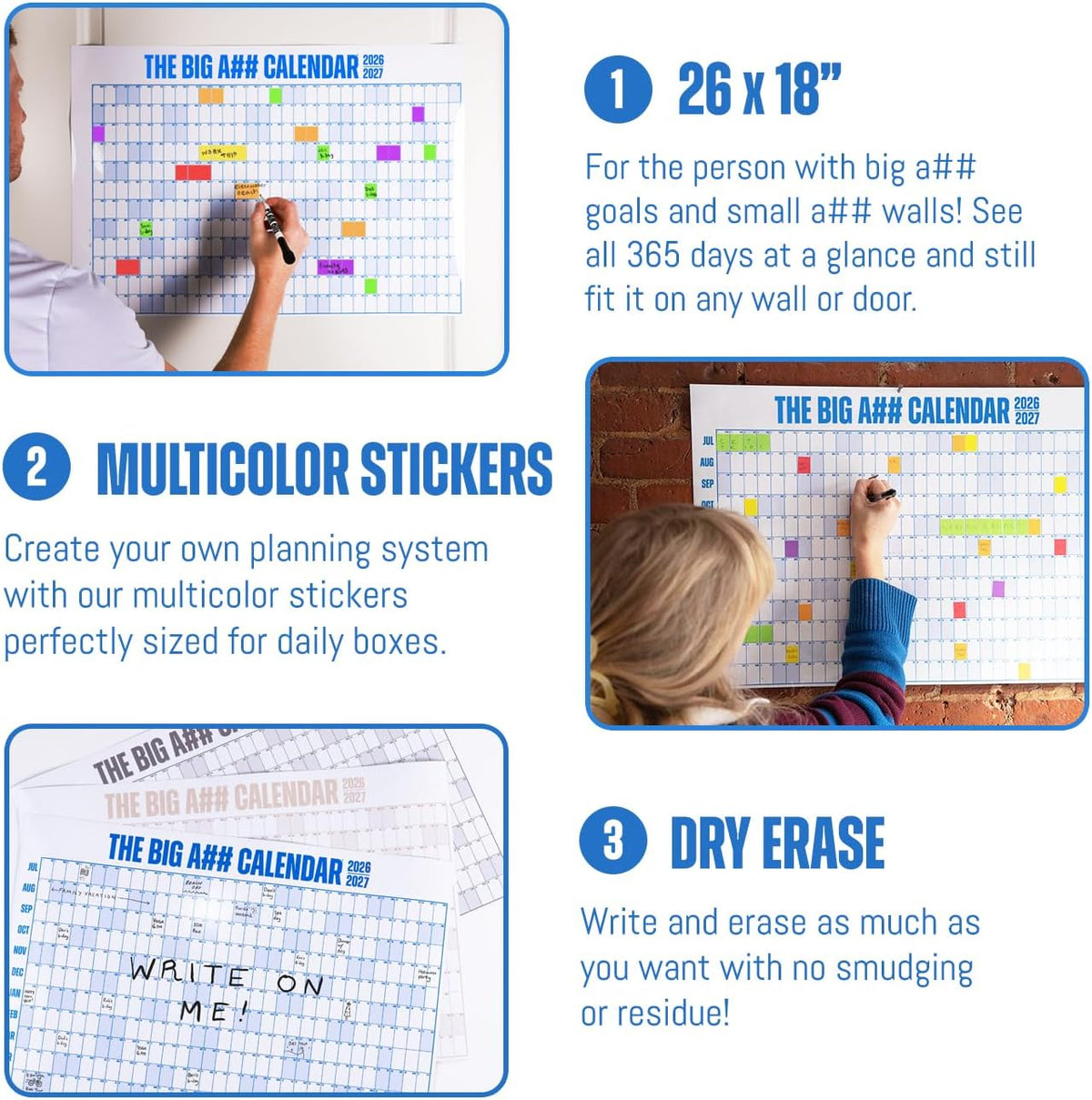 Big A## Calendar - Mini Dry Erase Wall Calendar 2026-2027 - Blue