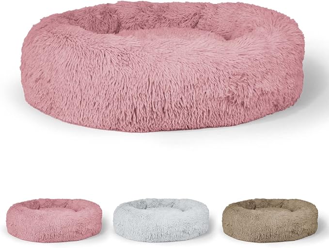 24/30 Inch Calming Donut Pet Bed for Small/Medium Cats and Dogs, Anti-Slip Bottom, Washable, Anti-Anxiety Fluffy Round Cat Bed, Indoor Shaggy Cuddler Cotton Candy Brown, Light Gray, Pink Bed