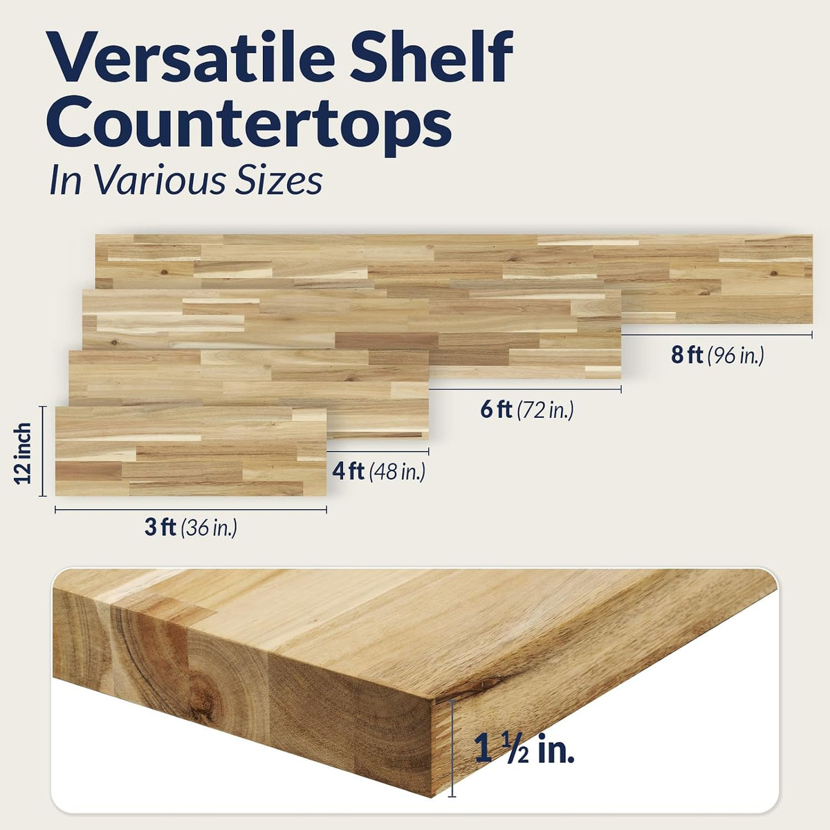 Howizz Acacia Butcher Block Shelf 12" x 4ft x 1.5" Inches, Unfinished Solid Wood Countertop Shelf Board, Wooden Plank Board