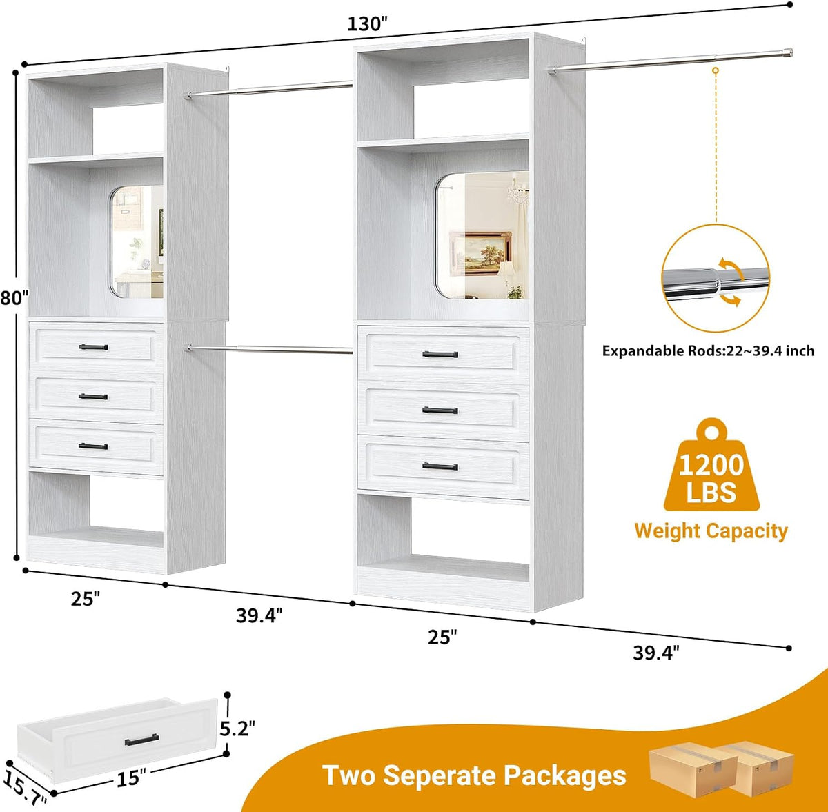 Unikito 6-14FT Wood Closet System with 6 Drawers and Mirror, White