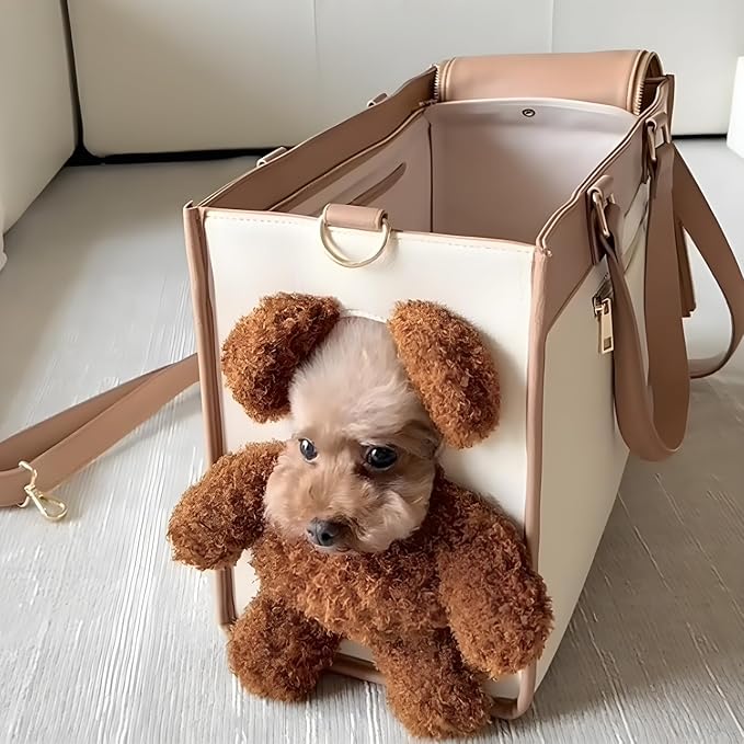 Portable Pet Carrier Bag - One-Shoulder Portable Cute Dog Outing Largecarrier Bag, Cute Bear Face Design with Peekaboo Window, Large Capacity PU Pet Out Shoulder Bag for Small Dogs & Cats (Medium)