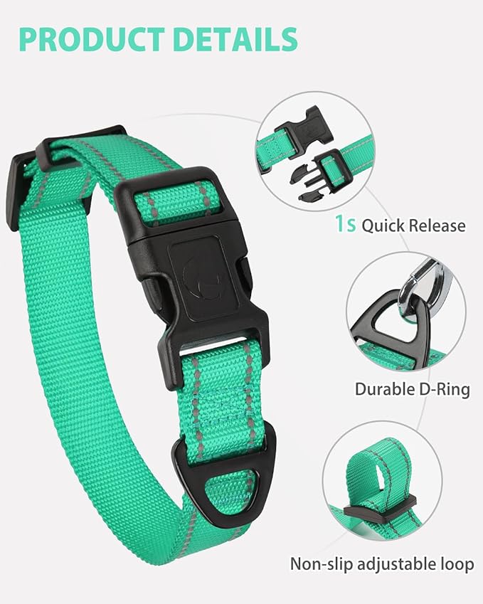 Joytale Large Dog Collar, Reflective and Adjustable Nylon Pet Collar with Quick-Release Buckle for Large Dogs, Teal, L