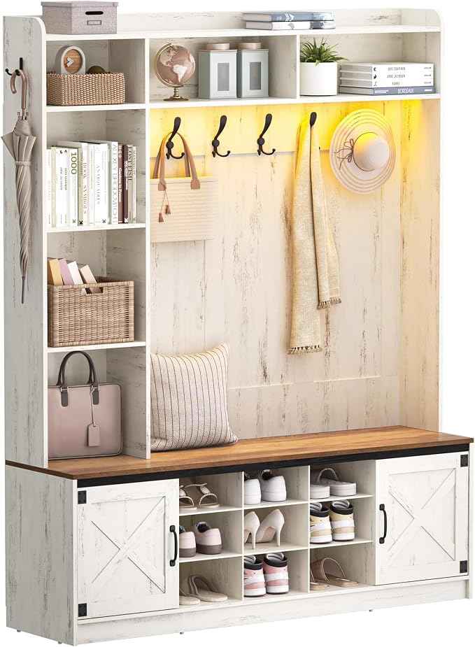 59.8" Hall Tree, LED Farmhouse Entryway Storage and Coat Rack Wood, Entryway