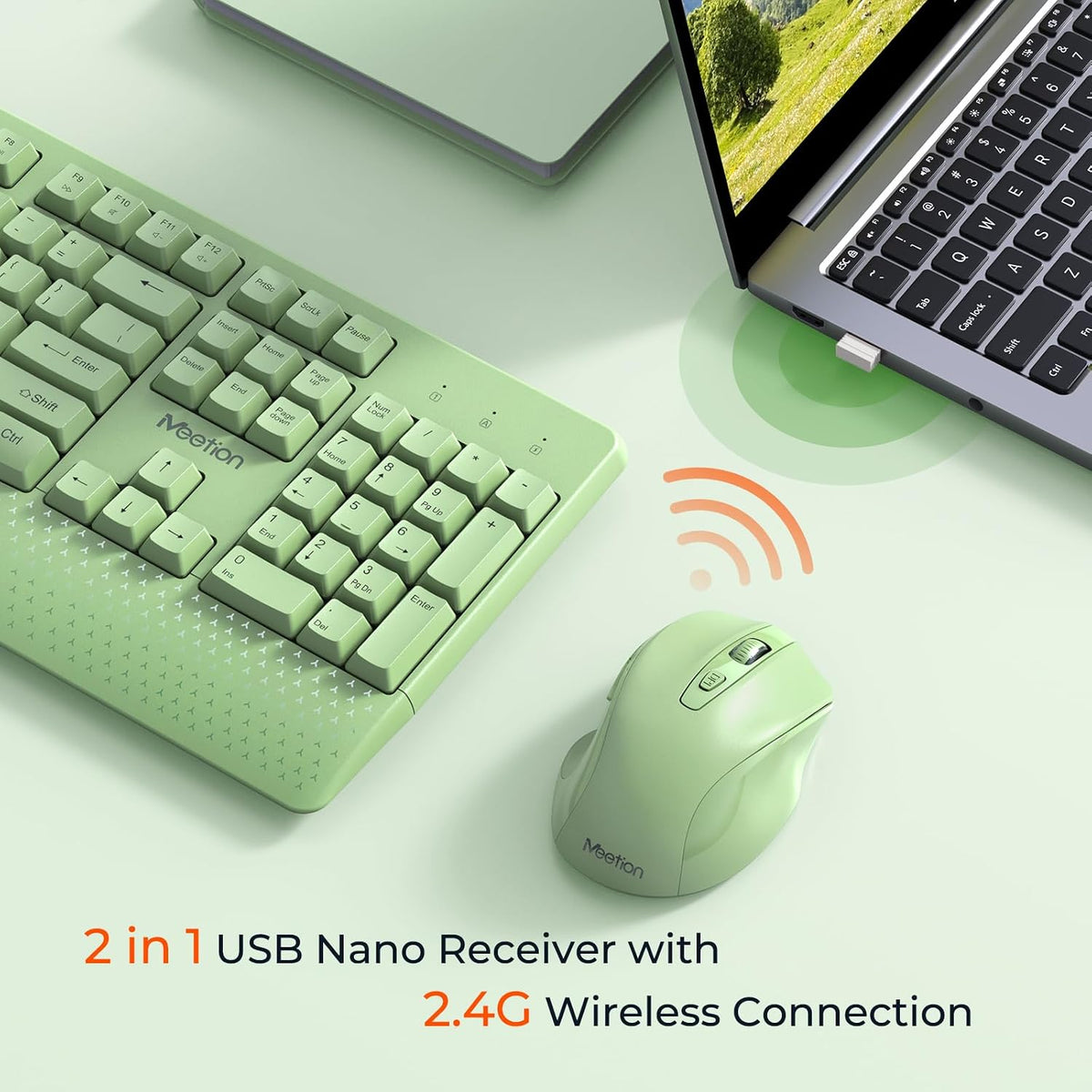 MEETION Wireless Keyboard and Mouse Combo, Full-Size with Wrist Rest, Green