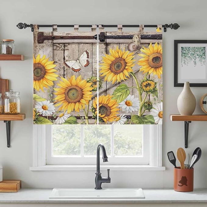 Farmhouse Sunflowers Kitchen Curtains 45 Inch Length, Short Cafe Window