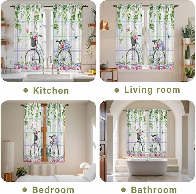 Spring Kitchen Curtains, Bicycles Botanical Leaves Rose Colorful Stripes Light