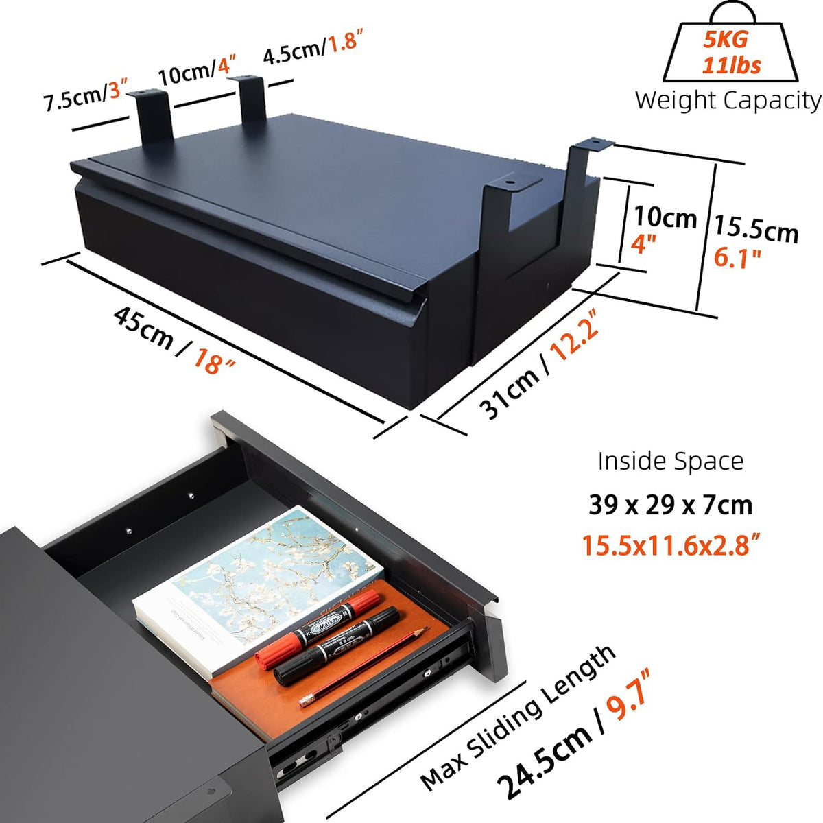 Under Desk Drawer 18”, Under Workbench Tool Storage Hanging Drawers
